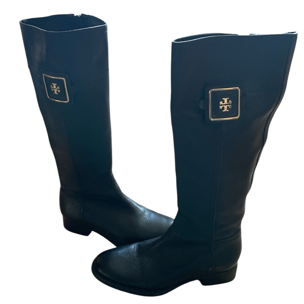 Tory Burch Black Leather Julian Riding Boots with Gold Buckle - Picture 12 of 14